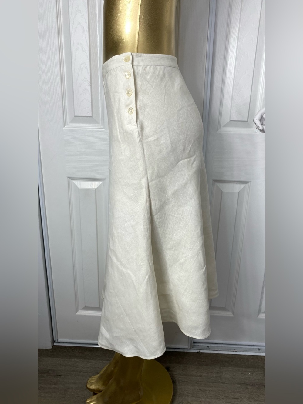 💯Linen Ralph Lauren Cream Midi A-Line Linen Skirt with Side Buttons - Picture 3 of 9